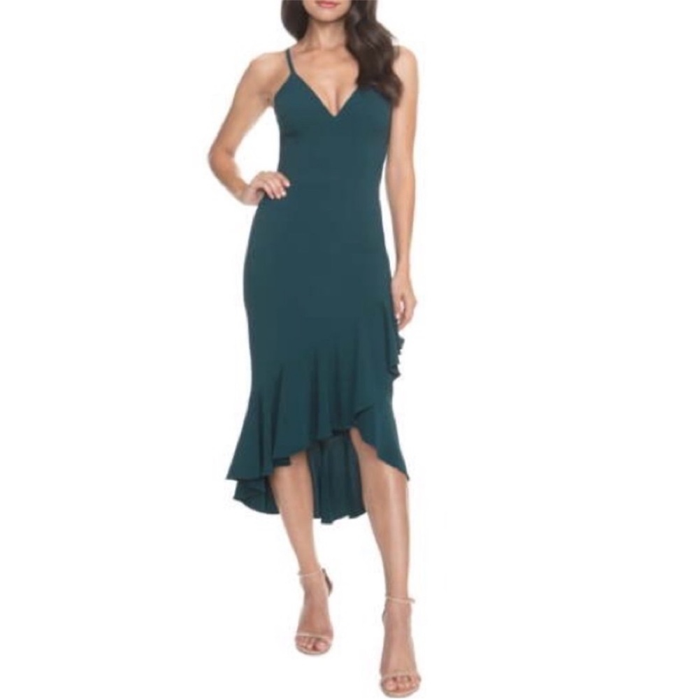 Dress the Population Wendy Sleeveless Ruffle Midi Dress Pine Green High Low - Picture 10 of 10